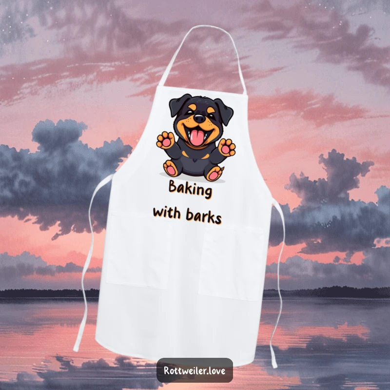 Funny Kawaii Rottweiler apron showing a happy bark and paws up, ideal for adding cheer to cooking.