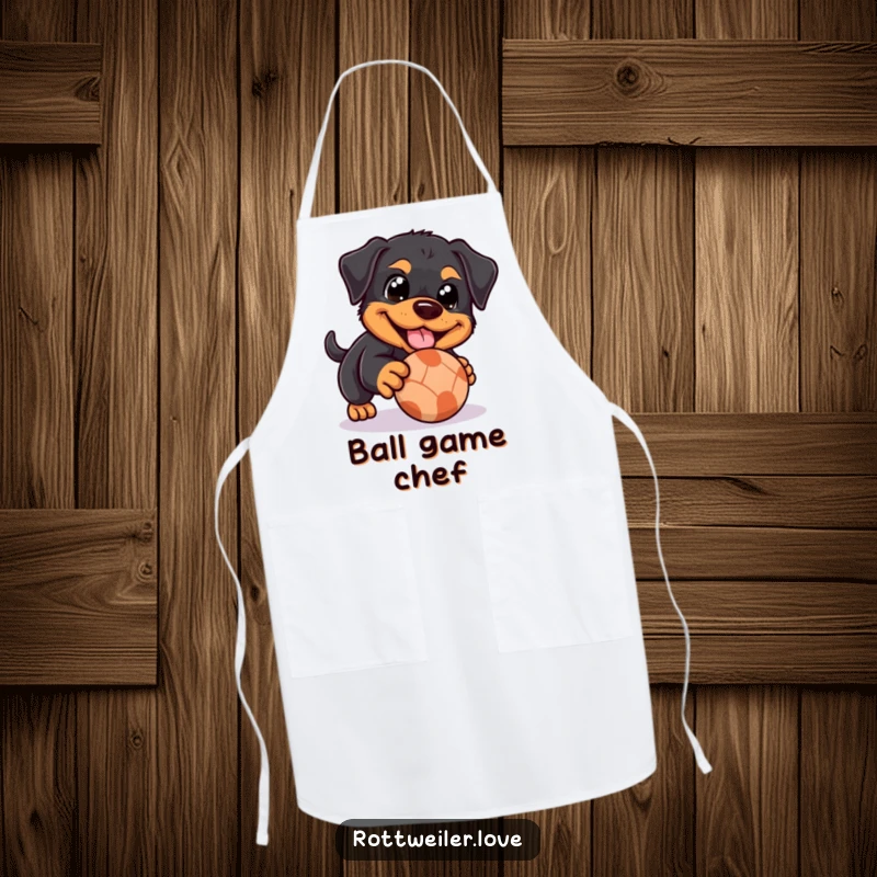 Funny Rottweiler apron depicting a dog with happy eyes playfully nudging a rolling ball, ideal for kitchen fun and dog-loving cooks.