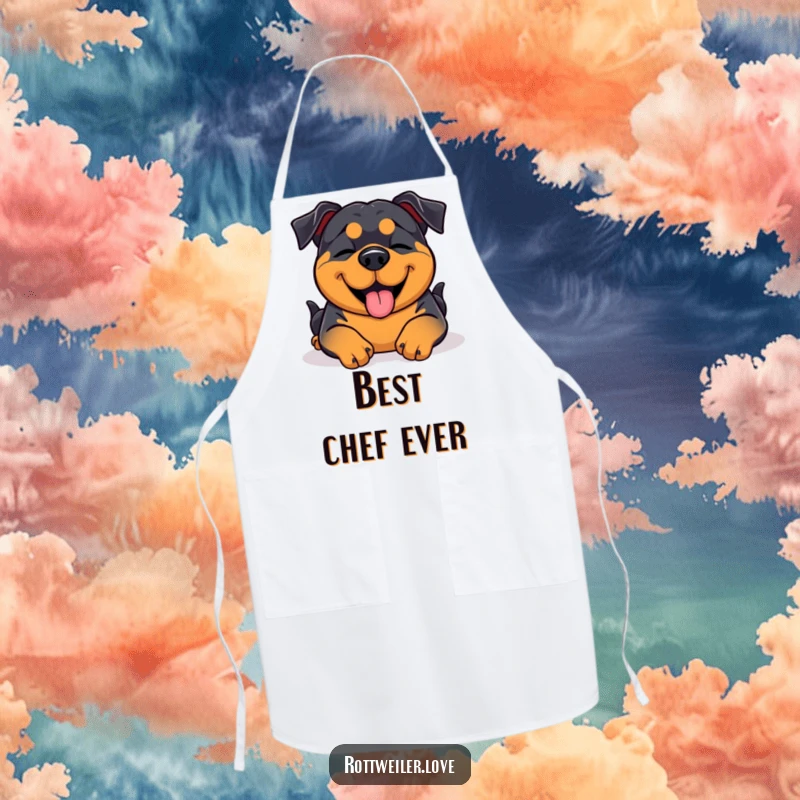 Funny Rottweiler apron design showing the dog blissfully enjoying a belly rub with closed eyes, perfect for kitchen fun.