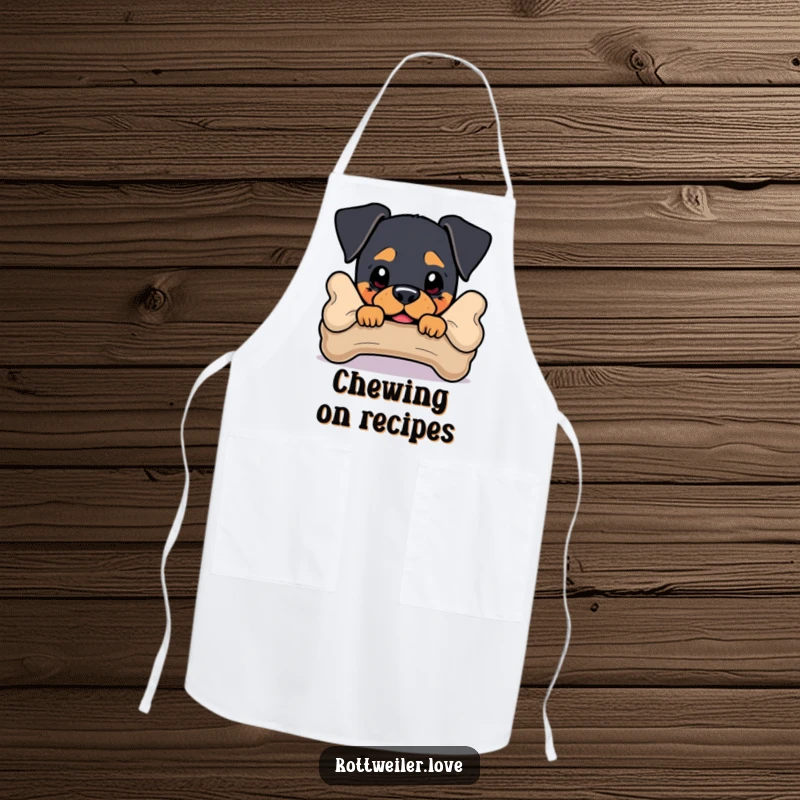 Funny Rottweiler Apron featuring a dog peeking from behind a bone, perfect for a humorous cooking experience.
