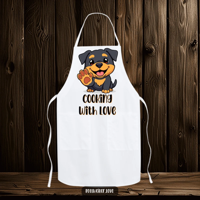 Funny kawaii rottweiler apron with a friendly grin offering a paw, perfect for humorous and charming kitchen protection.