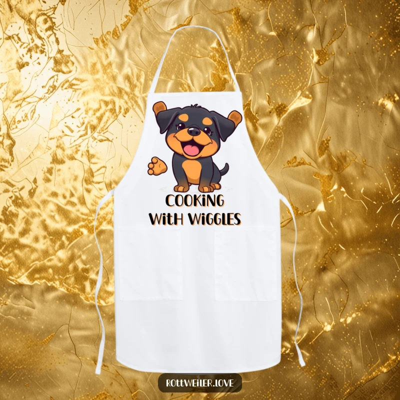 Funny Kawaii Rottweiler apron displaying a full body wag, adding cheer to cooking and baking.