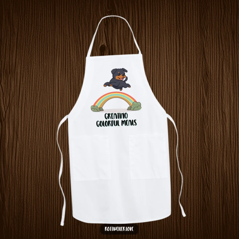 Funny Rottweiler dog leaping over a rainbow bridge, showcasing heartwarming pet memorial humor on this chef's apron.