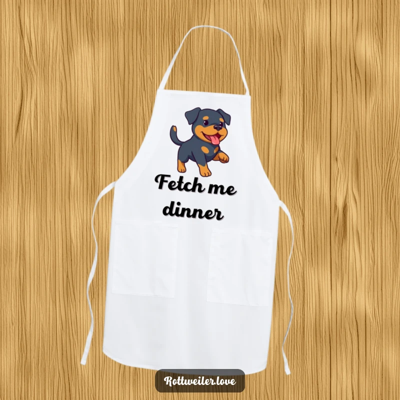 Funny Rottweiler apron with a playful Rottweiler ready to fetch a thrown item, perfect for kitchen fun. Adjustable neck strap.