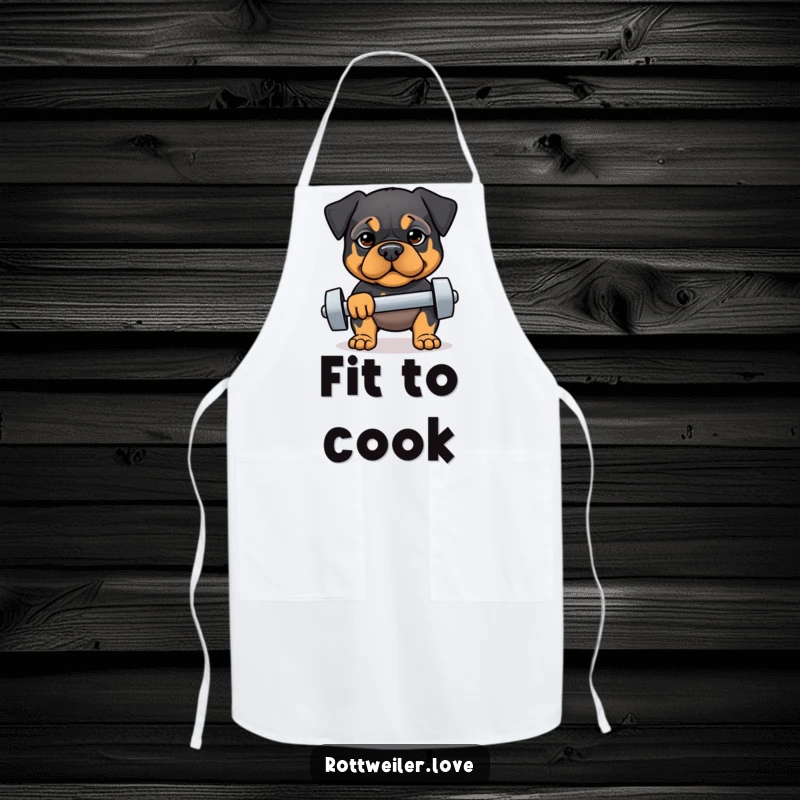 Funny apron with a determined Rottweiler lifting a small dumbbell, designed for humorous kitchen workouts and meal prep.