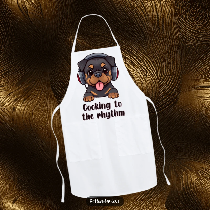Funny apron with a Rottweiler wearing oversized headphones, bopping its head, designed for humorous kitchen music sessions.
