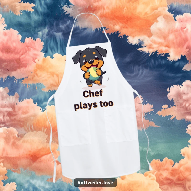 Funny Kawaii Rottweiler apron showing a playful chase of a bouncy toy with glee, adding fun to cooking.