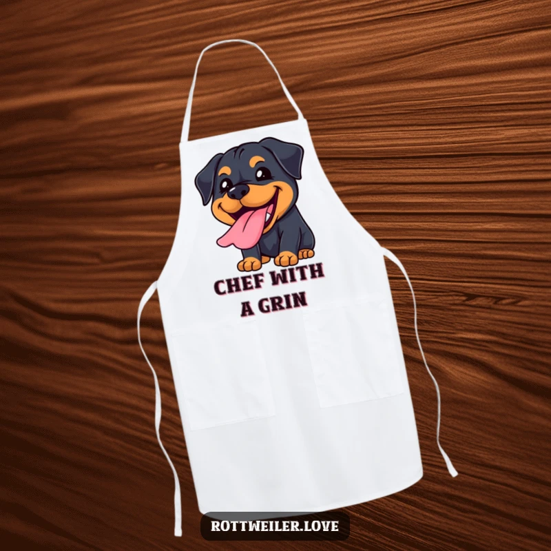 Funny Kawaii Rottweiler apron with a big, joyful grin and tongue lolling out, adding cheer to cooking.