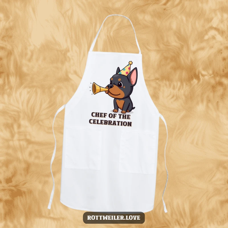 Funny Rottweiler apron showing a dog in a party hat blowing a horn, ready to cook up a storm with comical flair and enthusiasm.