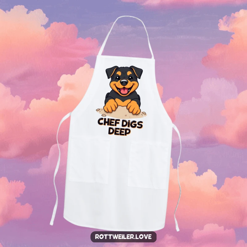Funny Rottweiler Apron with a kawaii rottweiler sporting a happy grin, enthusiastically digging with its paws, ready for kitchen duty.