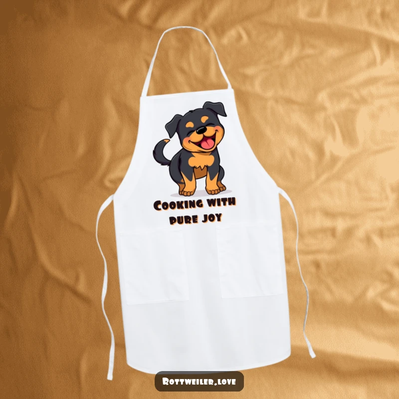 Funny Rottweiler Apron: A kitchen apron depicting a Rottweiler wiggling with pure joy and its tail wagging.