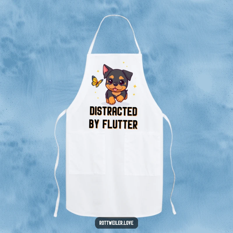Funny Rottweiler Apron with a kawaii rottweiler surrounded by sparkles, playfully chasing a butterfly, ready for kitchen magic.