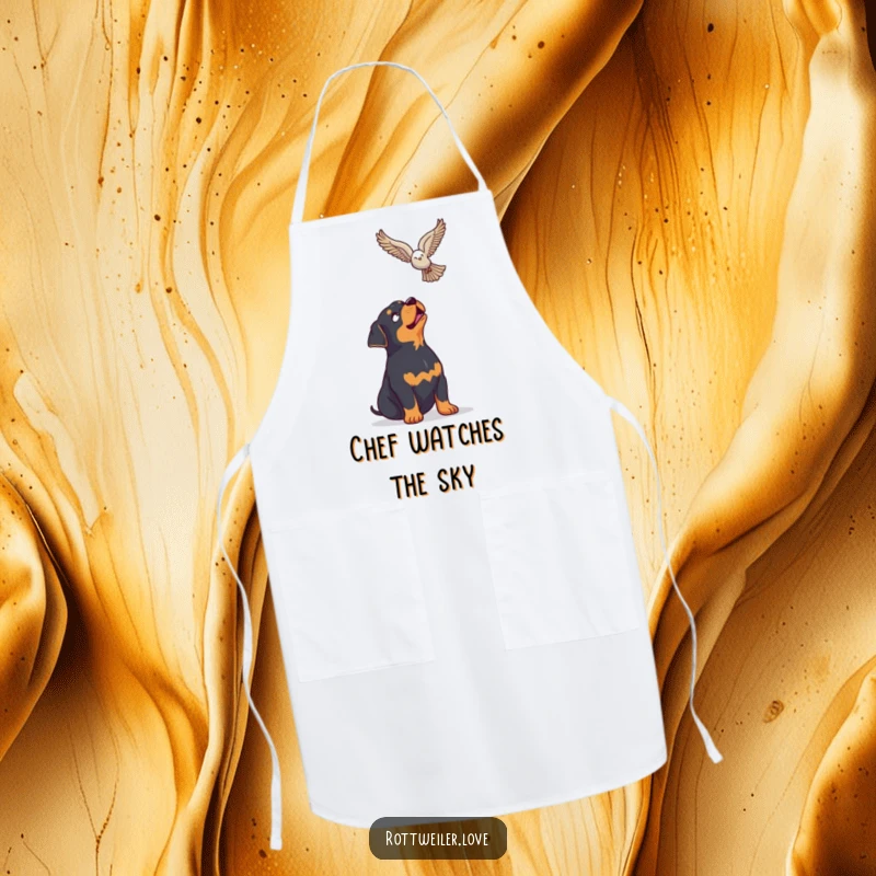 Funny Rottweiler Apron showing a dog looking up with enthusiasm at a soaring bird, adding inspiration to your kitchen.