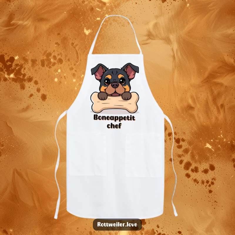 Funny apron featuring a Rottweiler peeking from behind a dog bone, adding humor and style to kitchen activities.