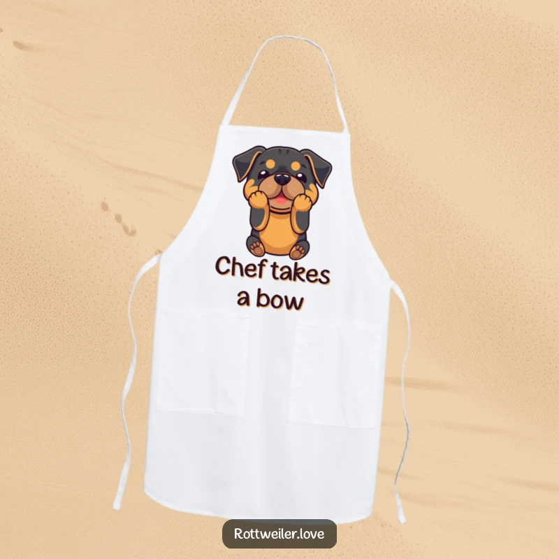 Funny apron featuring a Rottweiler in a playful bow, adding humor and style to kitchen activities.