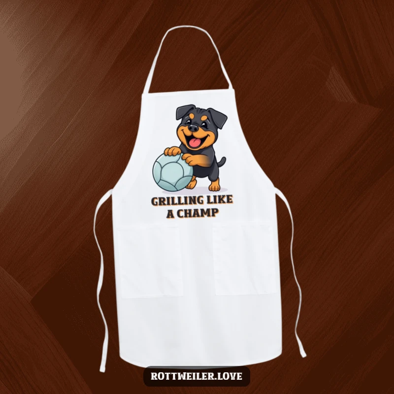 Funny rottweiler apron showing a happy dog playing fetch with a large ball, perfect for humorous kitchen protection.