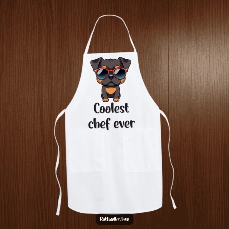 Funny Rottweiler apron depicting a dog wearing oversized, round sunglasses, bringing cool style to the kitchen.