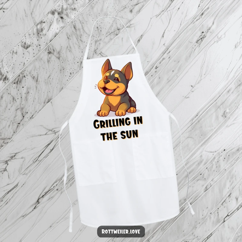 Funny Rottweiler apron showing a happy dog sighing contentedly while basking in warm sunlight, perfect for cooking with a relaxed and joyful spirit.