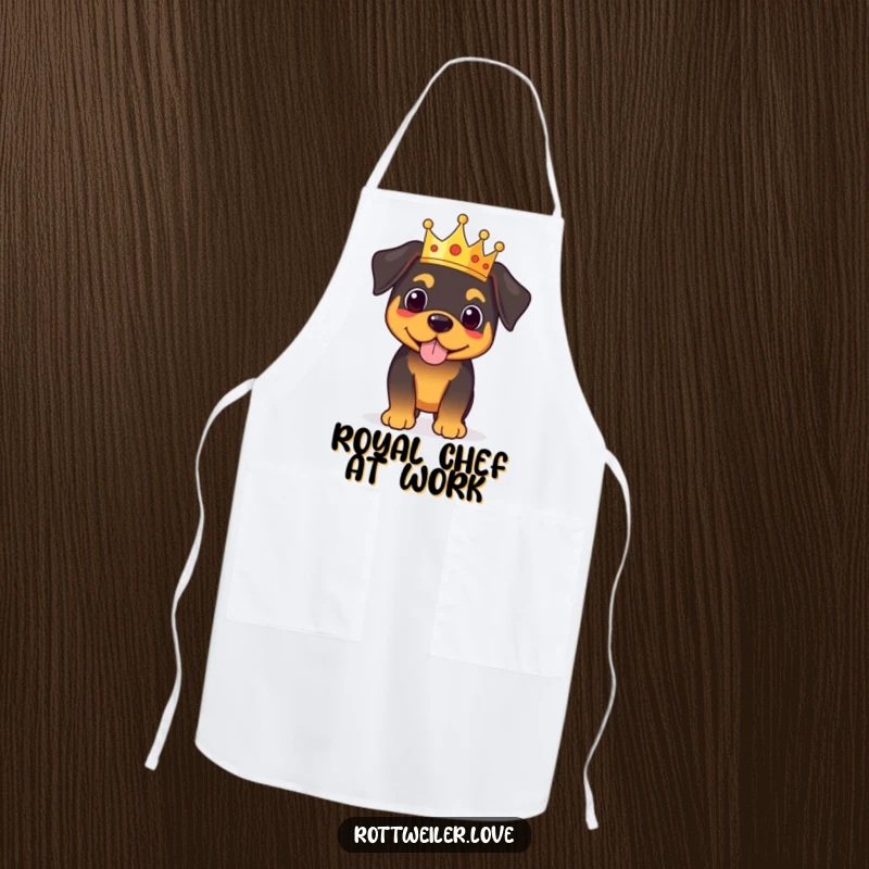 Funny royal rottweiler apron featuring a proud dog wearing a tiny crown, perfect for commanding the kitchen with style.