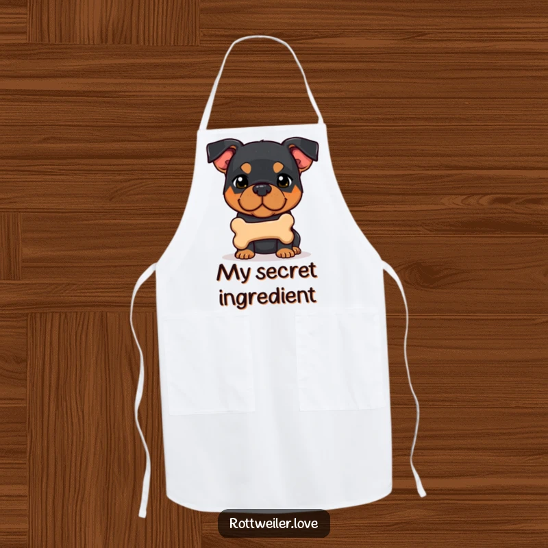 Funny shy Rottweiler dog offering a bone, showcasing sweet canine humor on this chef's apron.