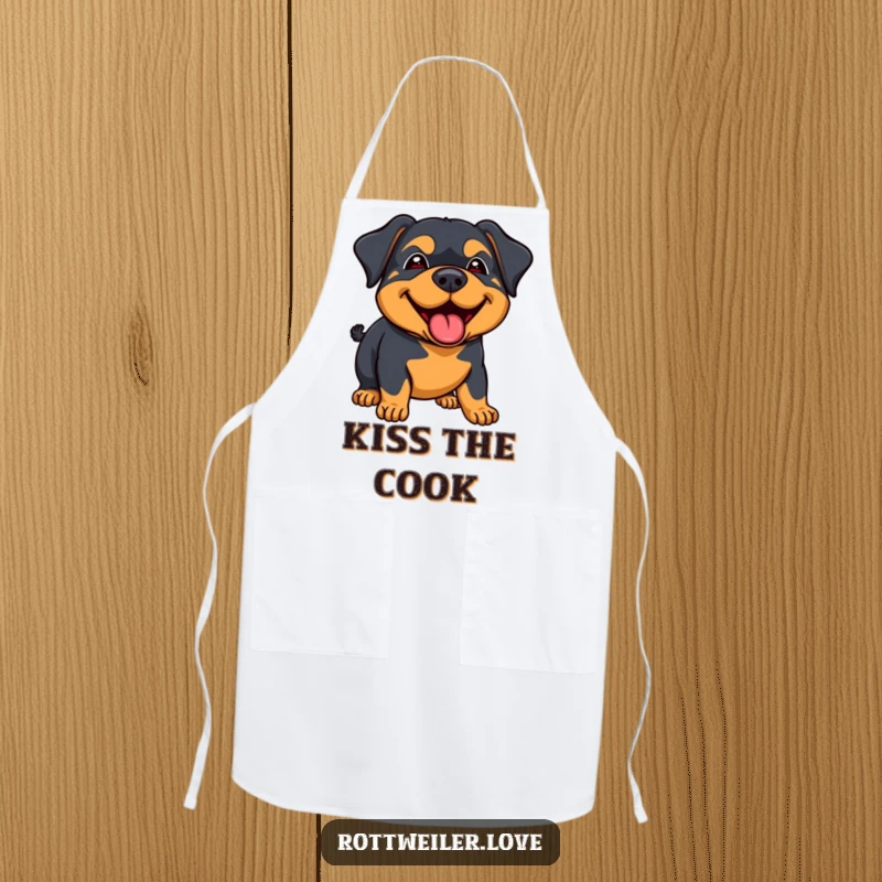Funny rottweiler apron showing a dog giving a joyous lick with a happy expression, ideal for adding humor to cooking.