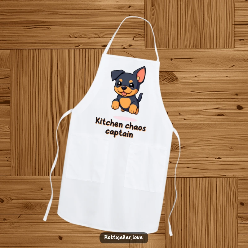 Funny Rottweiler Apron with a kawaii rottweiler sporting oversized ears, enthusiastically jumping with a wagging tail, ready for kitchen duty.