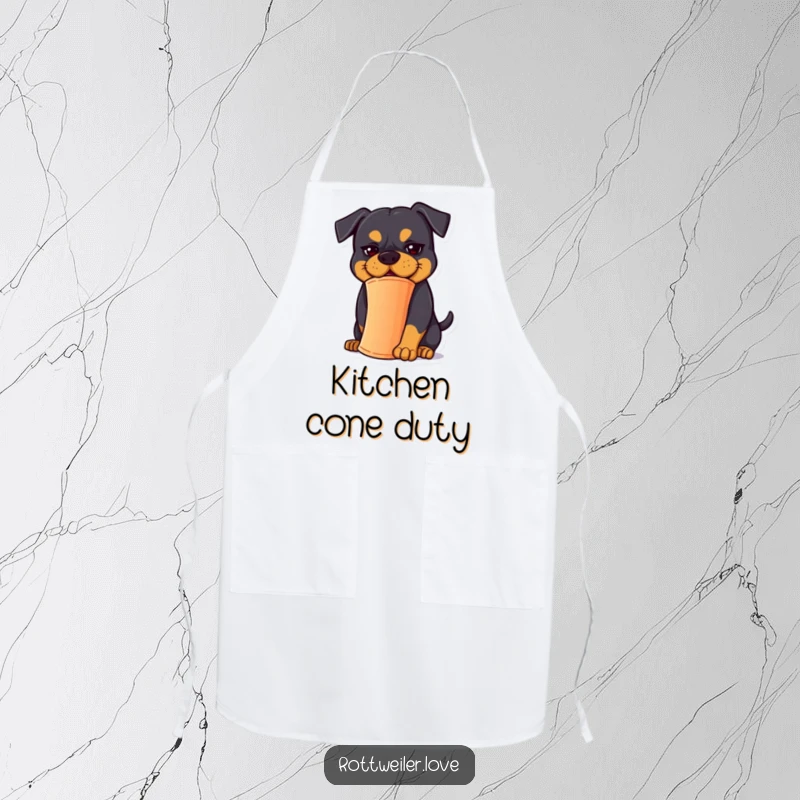 Funny Rottweiler Apron: A Rottweiler with a goofy expression attempts to balance a cone in the kitchen.