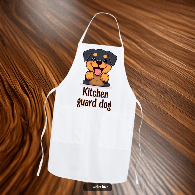Funny Kawaii Rottweiler Apron showing an enthusiastic dog barking with front paws up, perfect for joyful cooking and baking sessions.