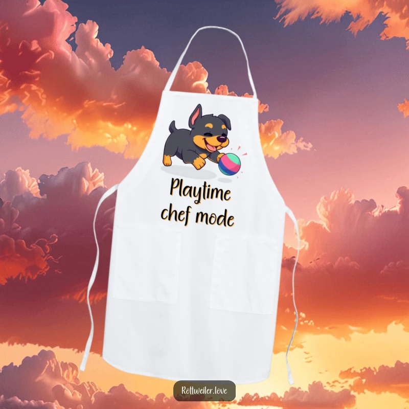 Funny Kawaii Rottweiler apron showing a happy dog playing with a toy, perfect for adding humor and charm to cooking or crafting sessions.