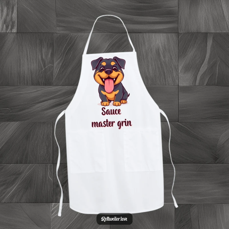 Funny Kawaii Rottweiler Apron showing a joyful dog with a huge grin and lolling tongue, perfect for cheerful cooking and baking sessions.