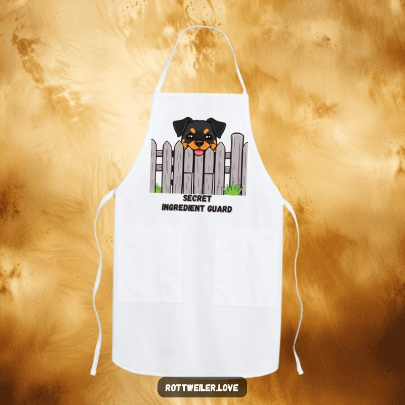 Funny Rottweiler Apron: A Rottweiler with a cheeky grin peeks from behind a fence, watching the kitchen.