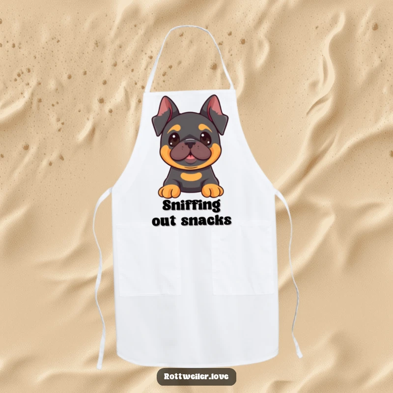 Funny Kawaii Rottweiler apron featuring a dog with perked ears, looking attentively at something fun, perfect for adding excitement to cooking.