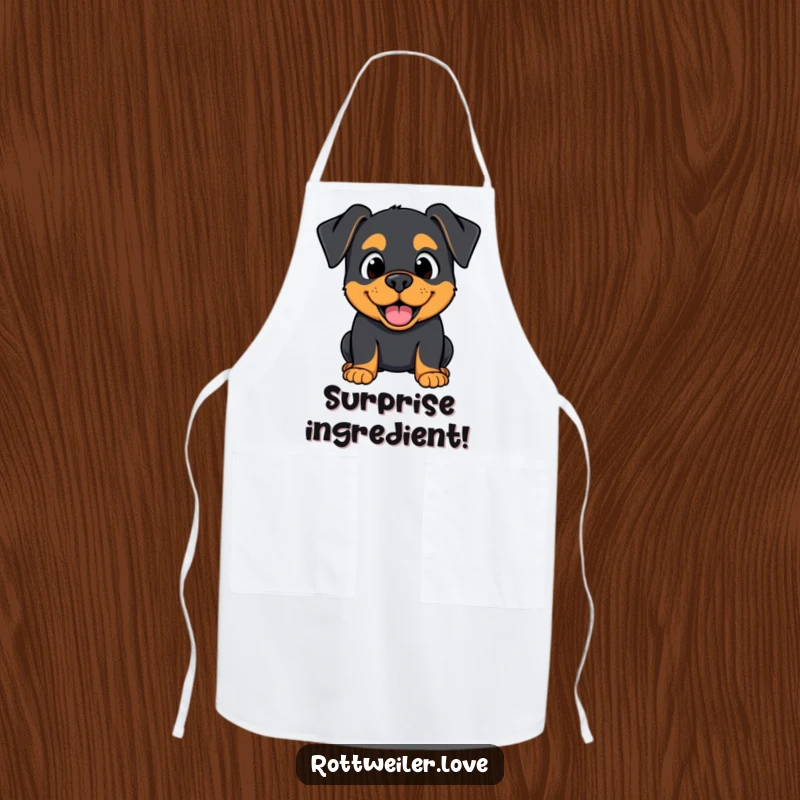 Funny Kawaii Rottweiler apron with a surprised but happy expression, adding delightful cheer to cooking.
