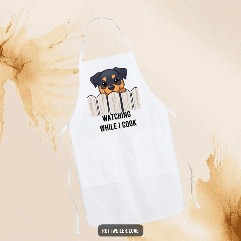 Funny Rottweiler apron with a dog peeking over a fence, adding curious and happy humor to cooking.