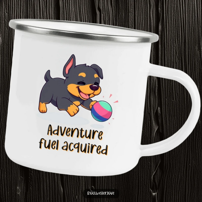 Funny Kawaii Rottweiler camping mug featuring a playful dog chasing a toy, perfect for enjoying drinks around the campfire with humor.