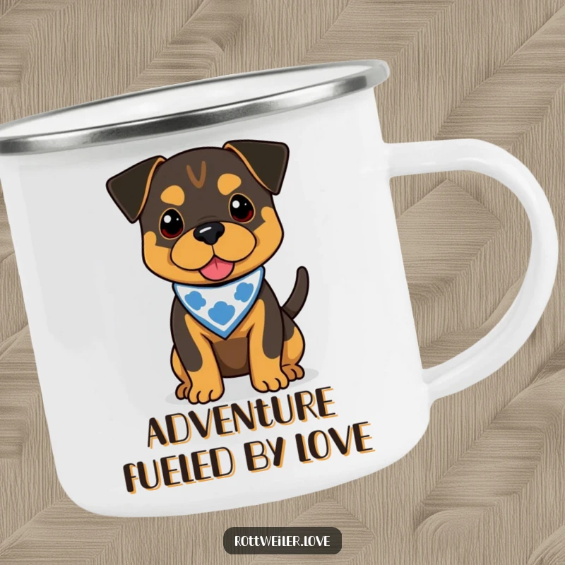 Funny Rottweiler camping mug featuring a dog in a bandana, tail wagging, perfect for outdoor enthusiasts and humor.