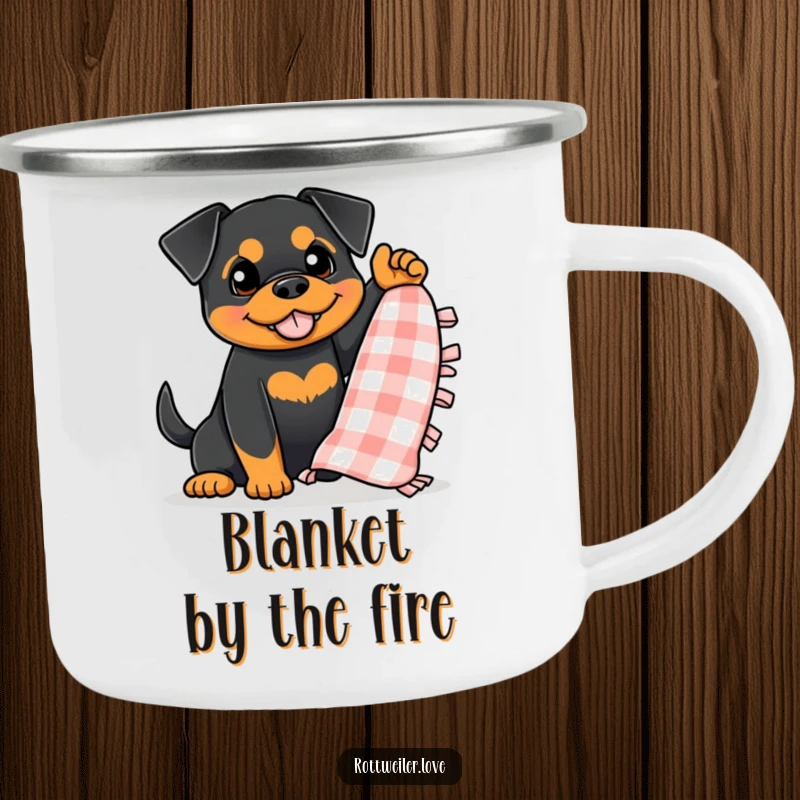 Funny Rottweiler Camping Mug showing a dog enthusiastically waving a small, checkered blanket, for cozy outdoor enjoyment.