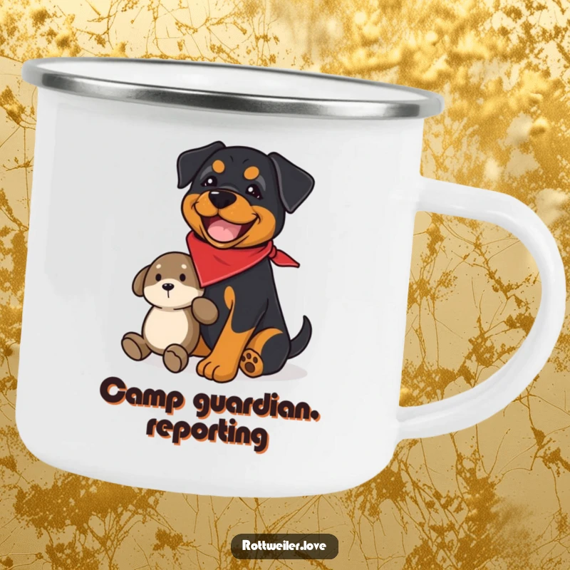 Funny rottweiler camping mug with a joyful dog wearing a bandana, guarding a plush toy, perfect for humorous outdoor use.