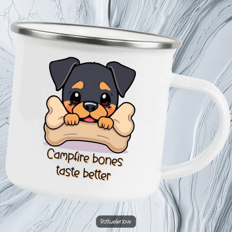 Funny Rottweiler Camping Mug with a dog peeking from behind a bone, adding a playful touch to outdoor drinks.
