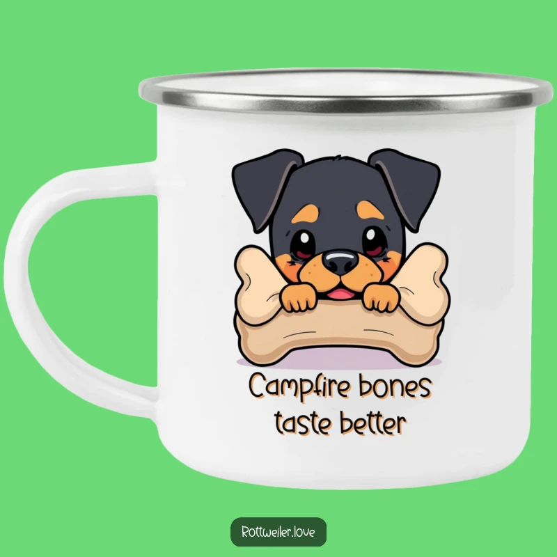 Funny Rottweiler Camping Mug: Outdoor Dog Gift Behind Bone