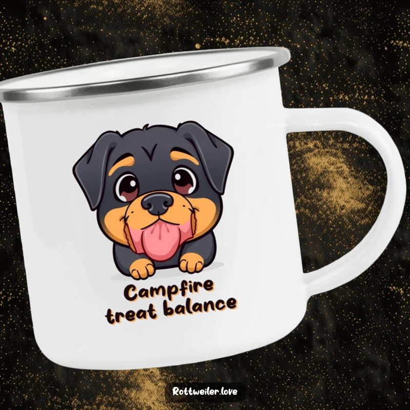 Funny Kawaii Rottweiler Camping Mug showing a cute rottweiler with earnest eyes balancing a treat on its nose during outdoor activities.
