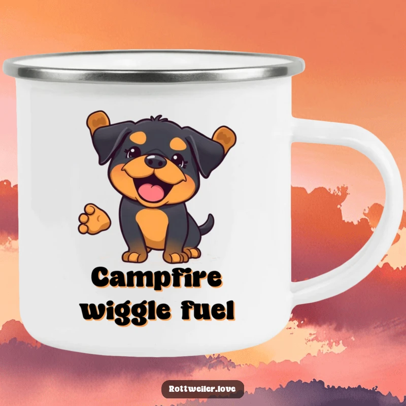 Funny Kawaii Rottweiler camping mug showing a full body wag, perfect for outdoor adventures.