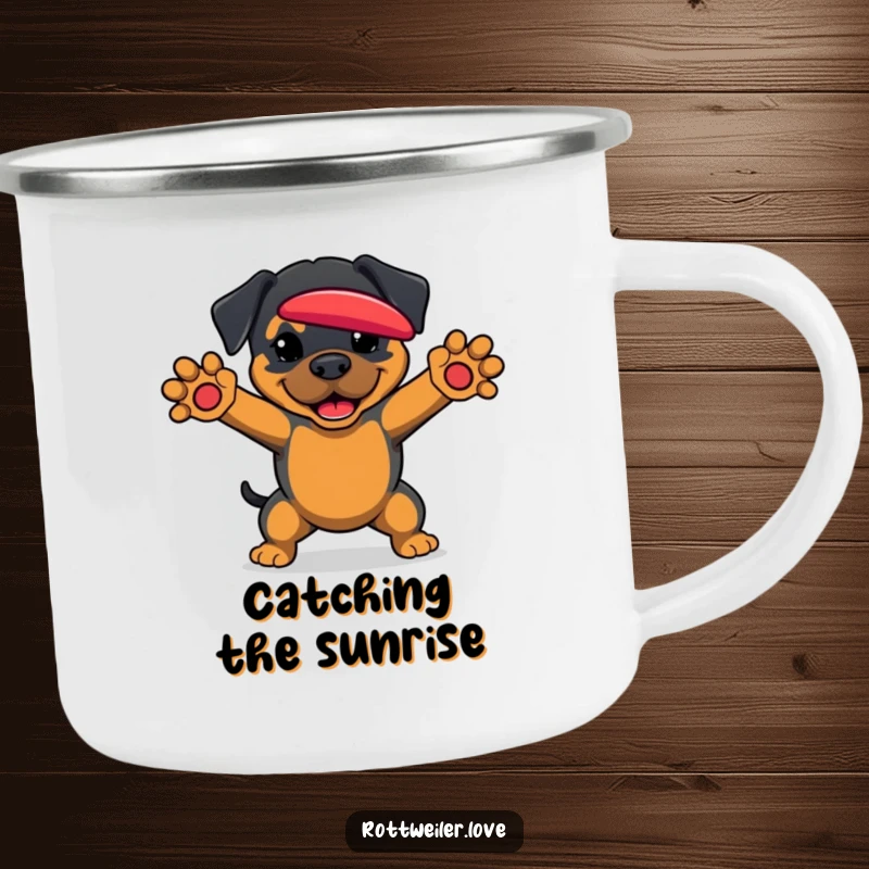 Funny Rottweiler Camping Mug showing a dog poised to catch a frisbee, ready for outdoor fun and drinks.