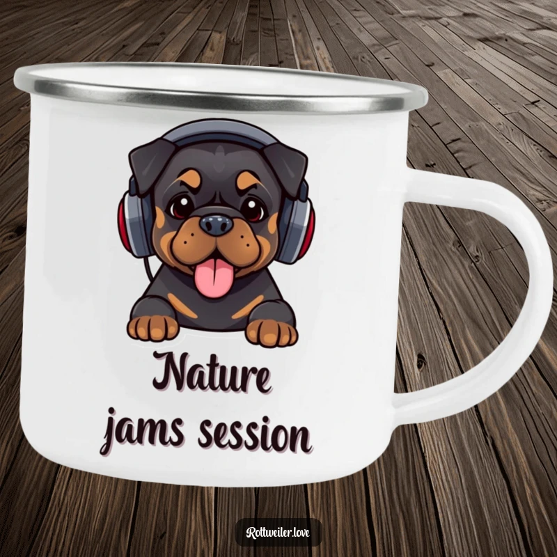 Funny camping mug featuring a Rottweiler with oversized headphones, bopping its head, perfect for outdoor music and humorous enjoyment.