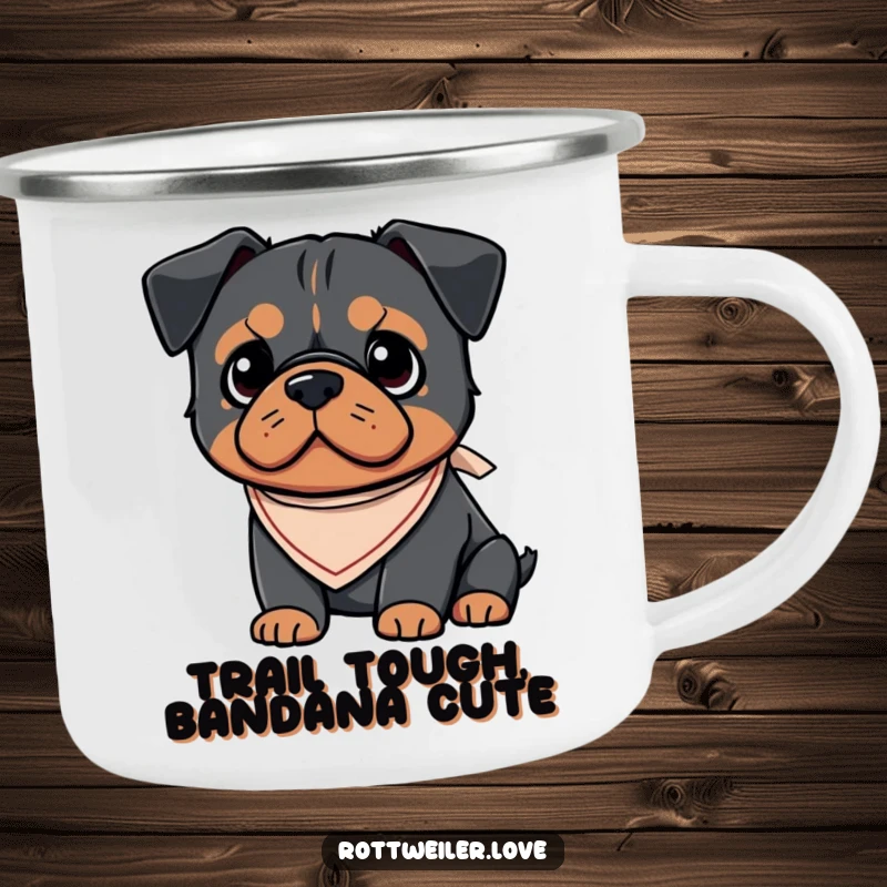 Funny Kawaii Rottweiler camping mug decorated with an adorable dog wearing a small, cute bandana, perfect for sipping drinks outdoors.