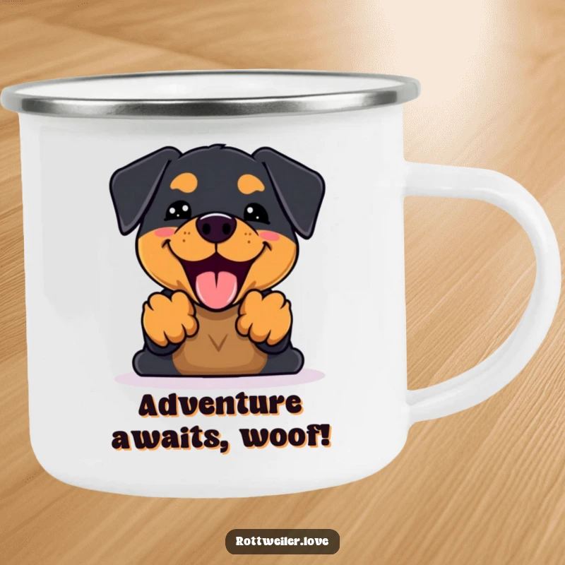 Funny Kawaii Rottweiler Camping Mug featuring an enthusiastic dog barking happily with front paws raised, ideal for outdoor adventures.