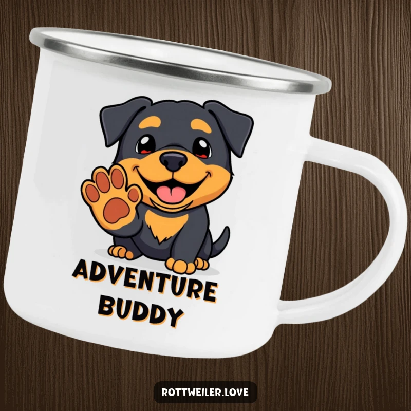 Funny kawaii rottweiler camping mug with a friendly grin offering a paw, perfect for humorous outdoor enjoyment.