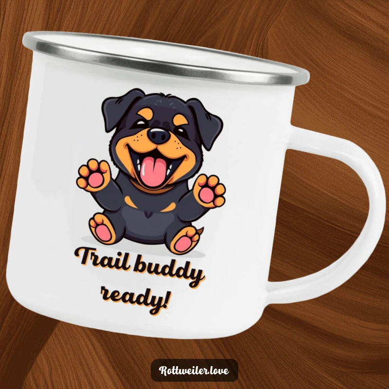 Funny Kawaii Rottweiler camping mug with a happy bark and paws up, ready for outdoor fun.