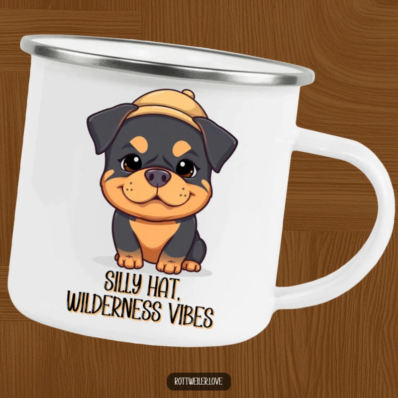 Funny kawaii rottweiler camping mug with a silly expression and a tiny hat, ready for outdoor adventures and laughs.
