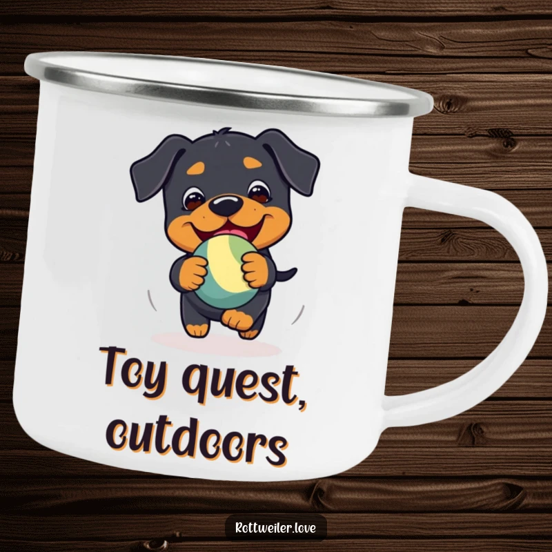 Funny Kawaii Rottweiler camping mug showing a playful chase of a bouncy toy with glee, for adventures.